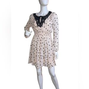 La Chapelle Cream and Black Mini Dress with Bishop Sleeves and Crew Neck